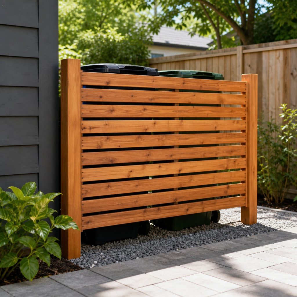 Horizontal cedar screen hiding bins with open airflow and gravel base
