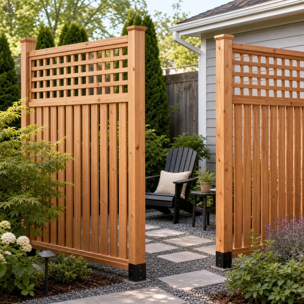 Wooden garden screen with solid lower slats and square lattice top