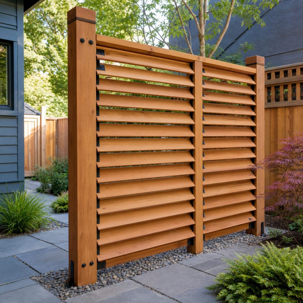 Angled-slat wooden screen blocking a direct view while admitting daylight