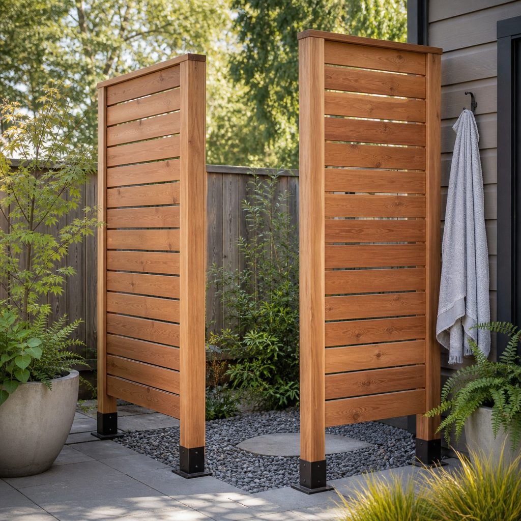 Two narrow modular wooden privacy panels around a garden service area