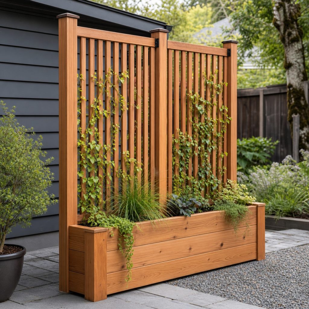 Cedar planter with structural posts and vertical garden privacy slats