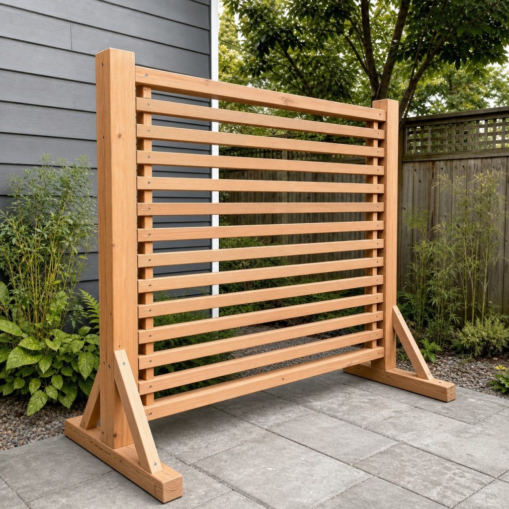 Wood garden screen frame with posts rails and consistent spacer blocks