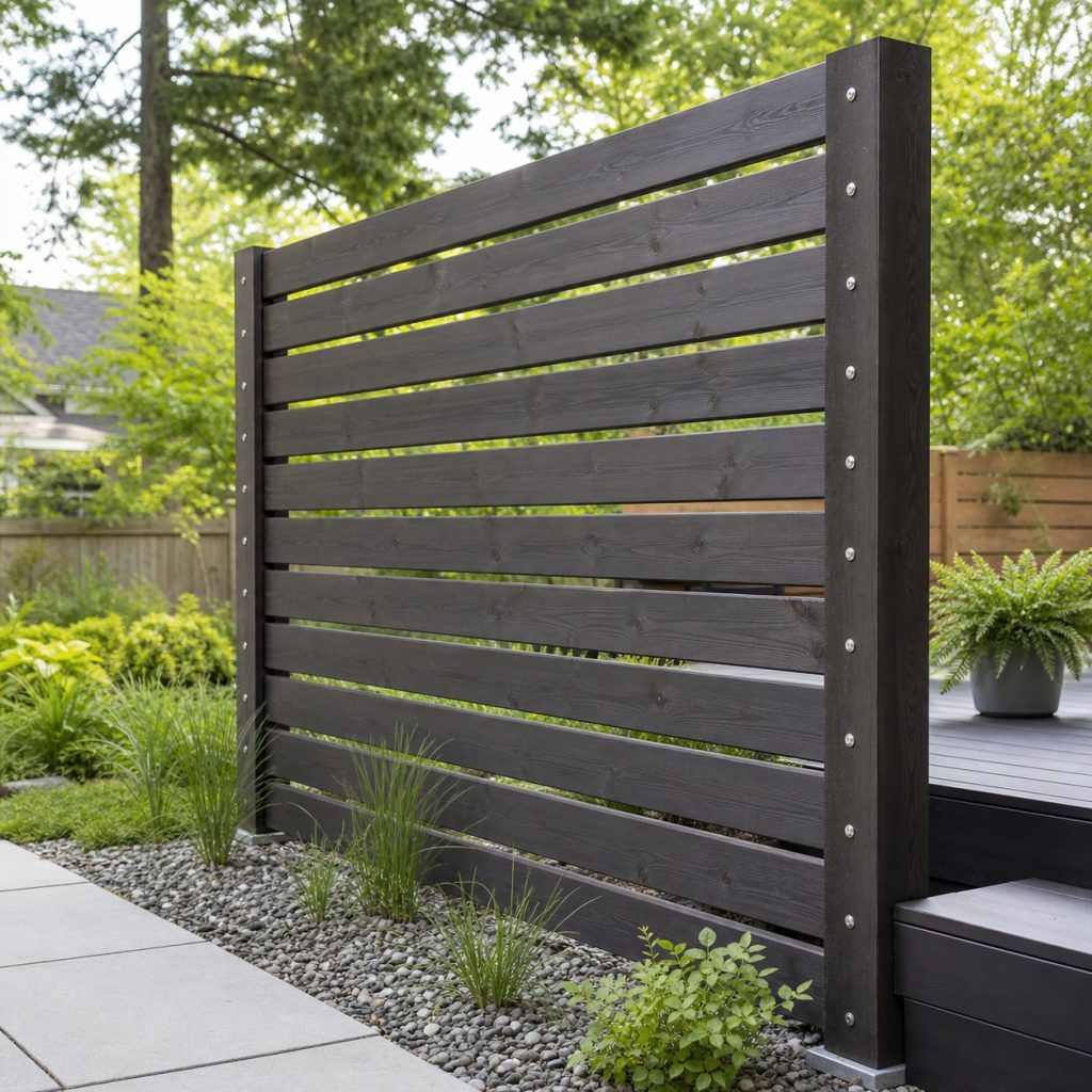 Charcoal-stained cedar garden screen with raised base and sound posts