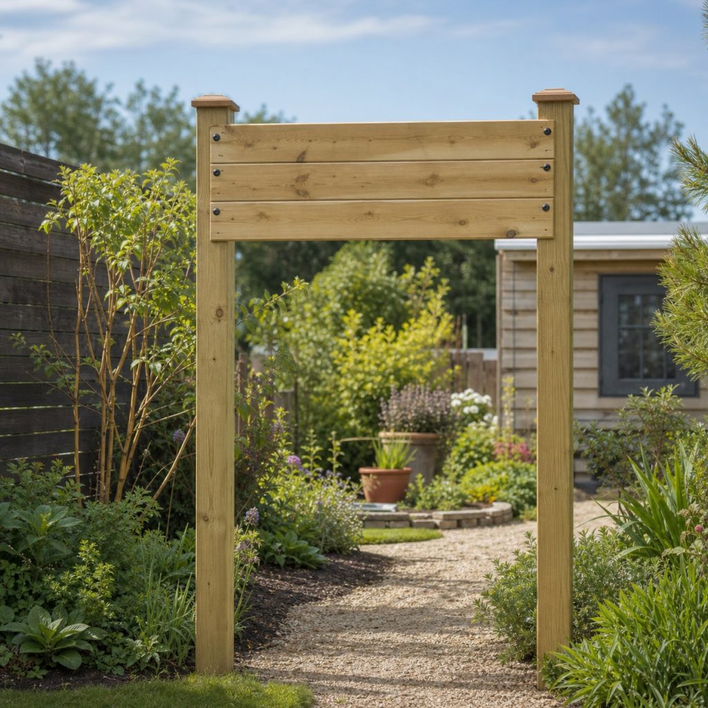 Pair of wooden garden posts supporting a blank rectangular panel above a path entrance