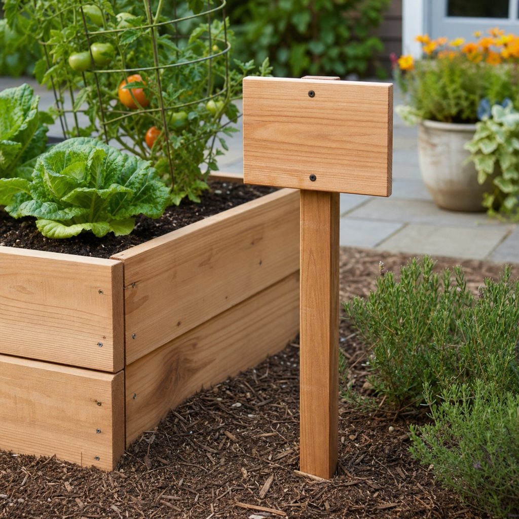 Short wooden sign post with small blank panel beside a raised garden bed