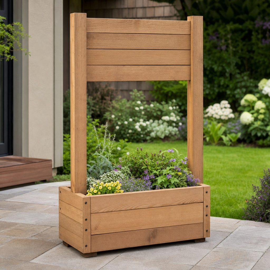 Wooden sign post rising from a broad separate planter with blank panel