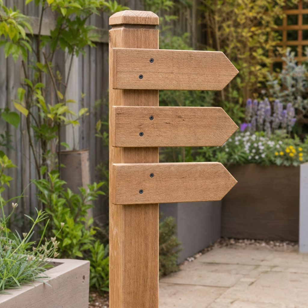 Wooden garden post carrying three small blank arrow-shaped slats with no text