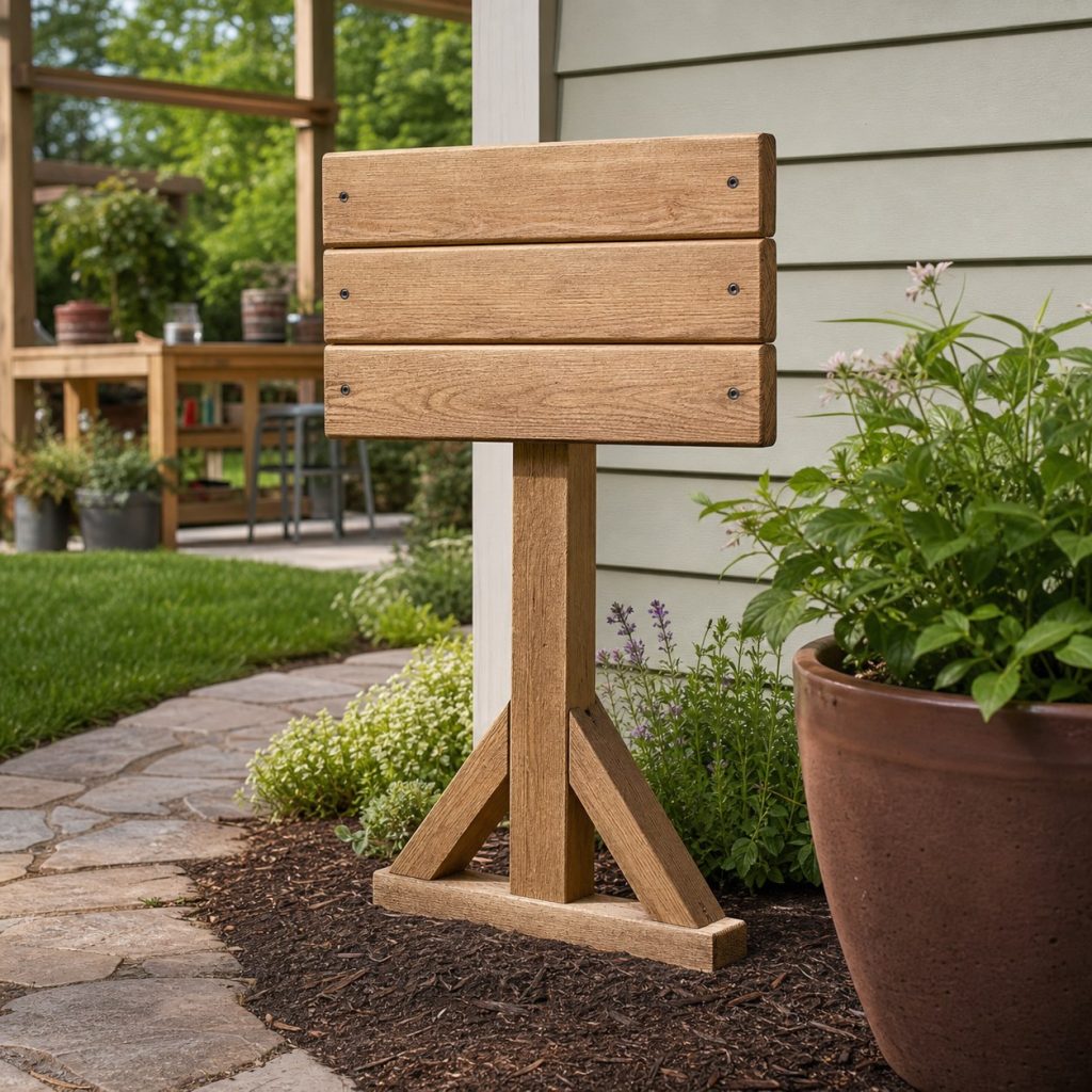 Small wooden blank garden sign on a braced freestanding post near but not attached to siding