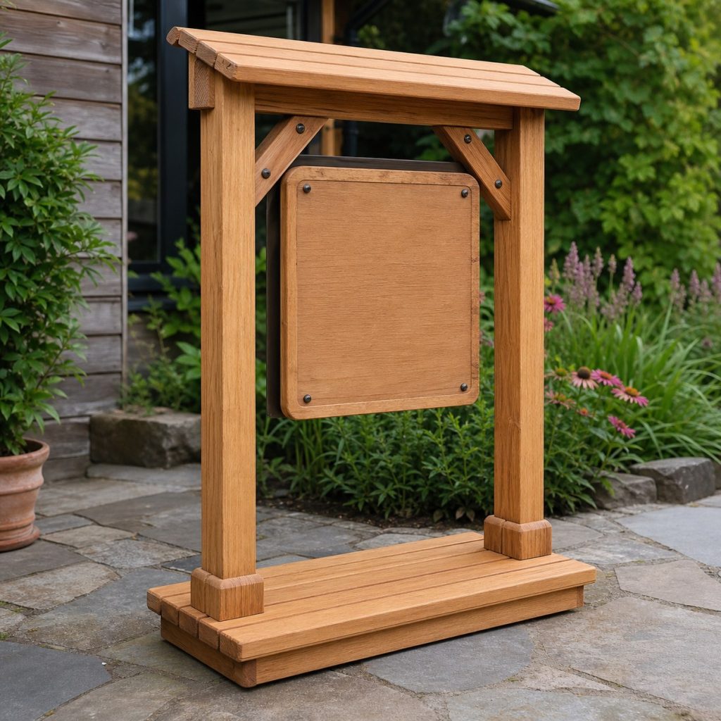 Close view of wooden sign post sloped cap, bolted brace, replaceable blank panel, rounded corners, and raised base