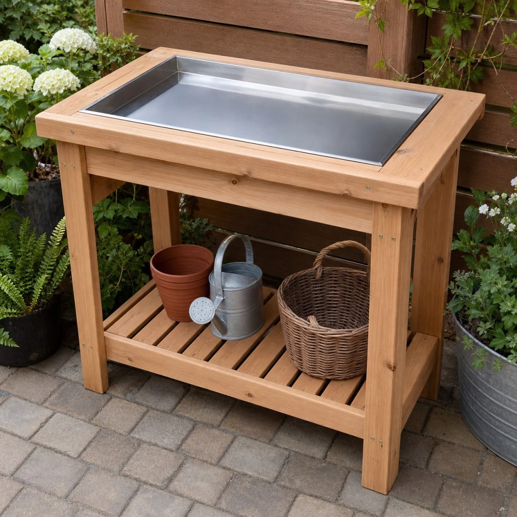 Wooden prep table with removable stainless work tray fitted into the top