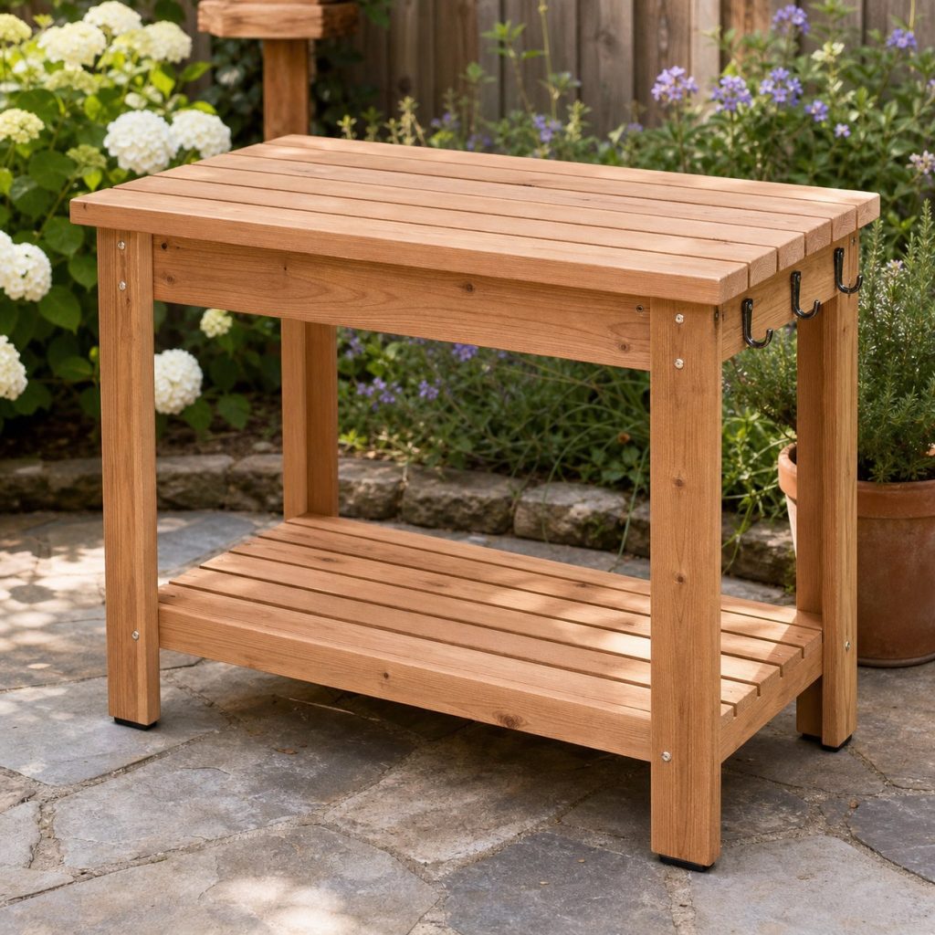 Wooden outdoor prep table with a few empty side hooks and open lower shelf