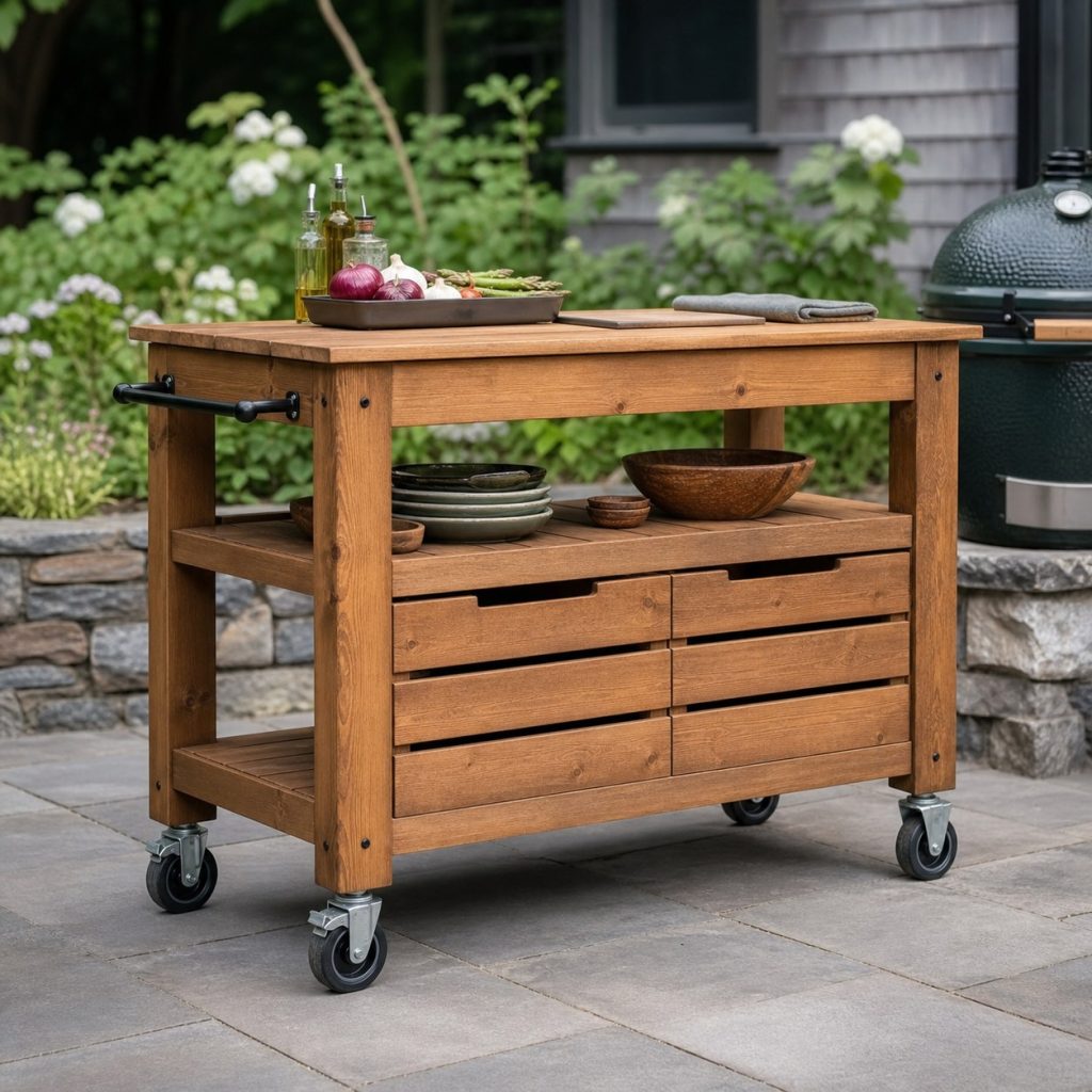Wooden grilling prep cart on four large locking casters on level paving