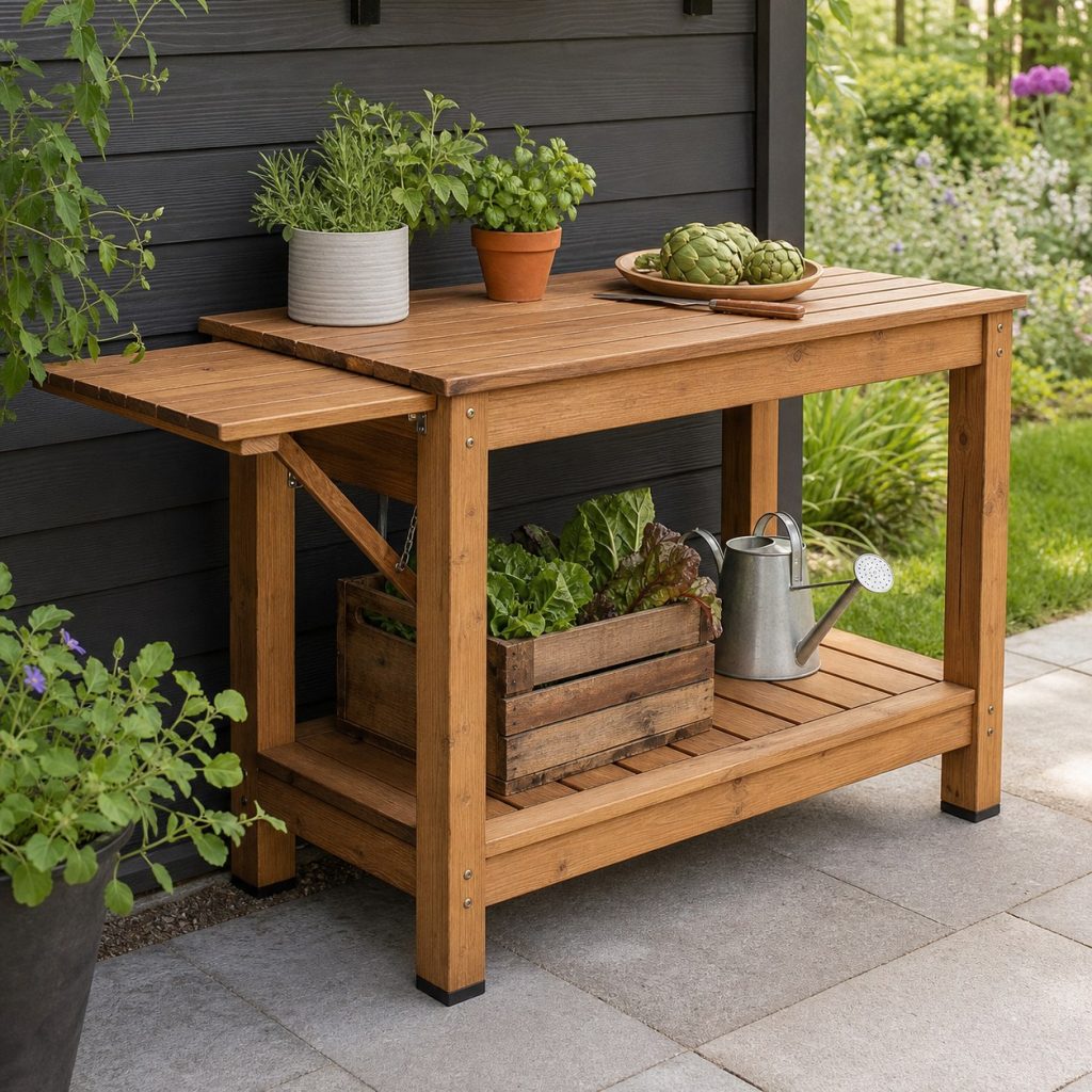 Wooden outdoor prep table with one supported fold-down side shelf opened