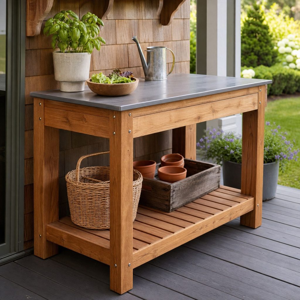 Wooden prep console with washable top beneath a covered patio away from cooking appliances