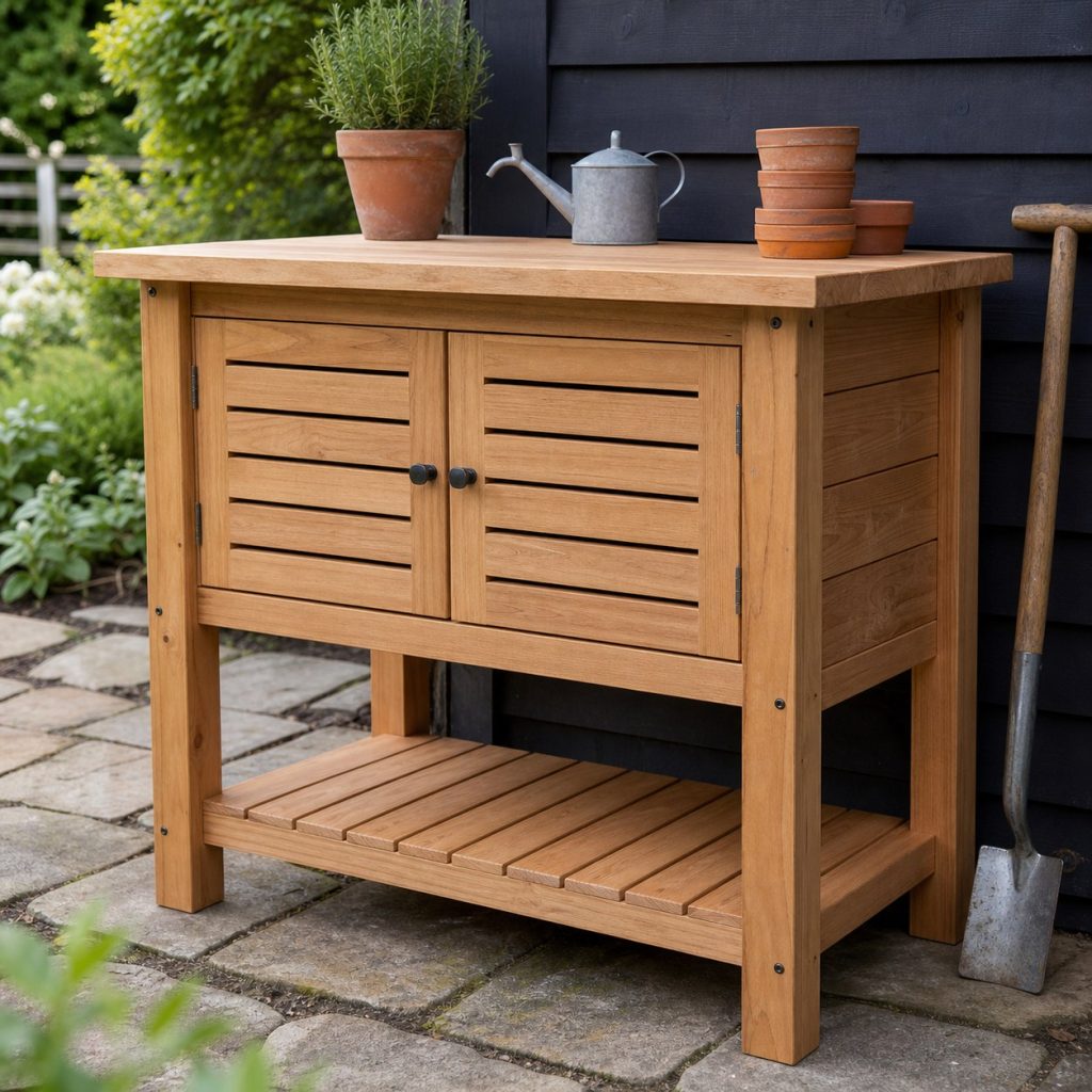 Wooden prep table with slatted cabinet doors and empty ventilated lower compartment