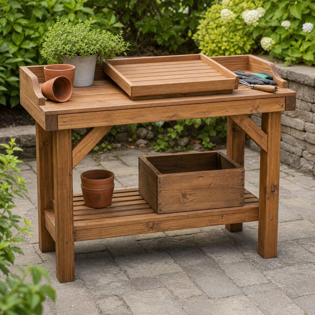Close view of wooden prep table removable tray, drainable slats, corner bracing, and sealed edges