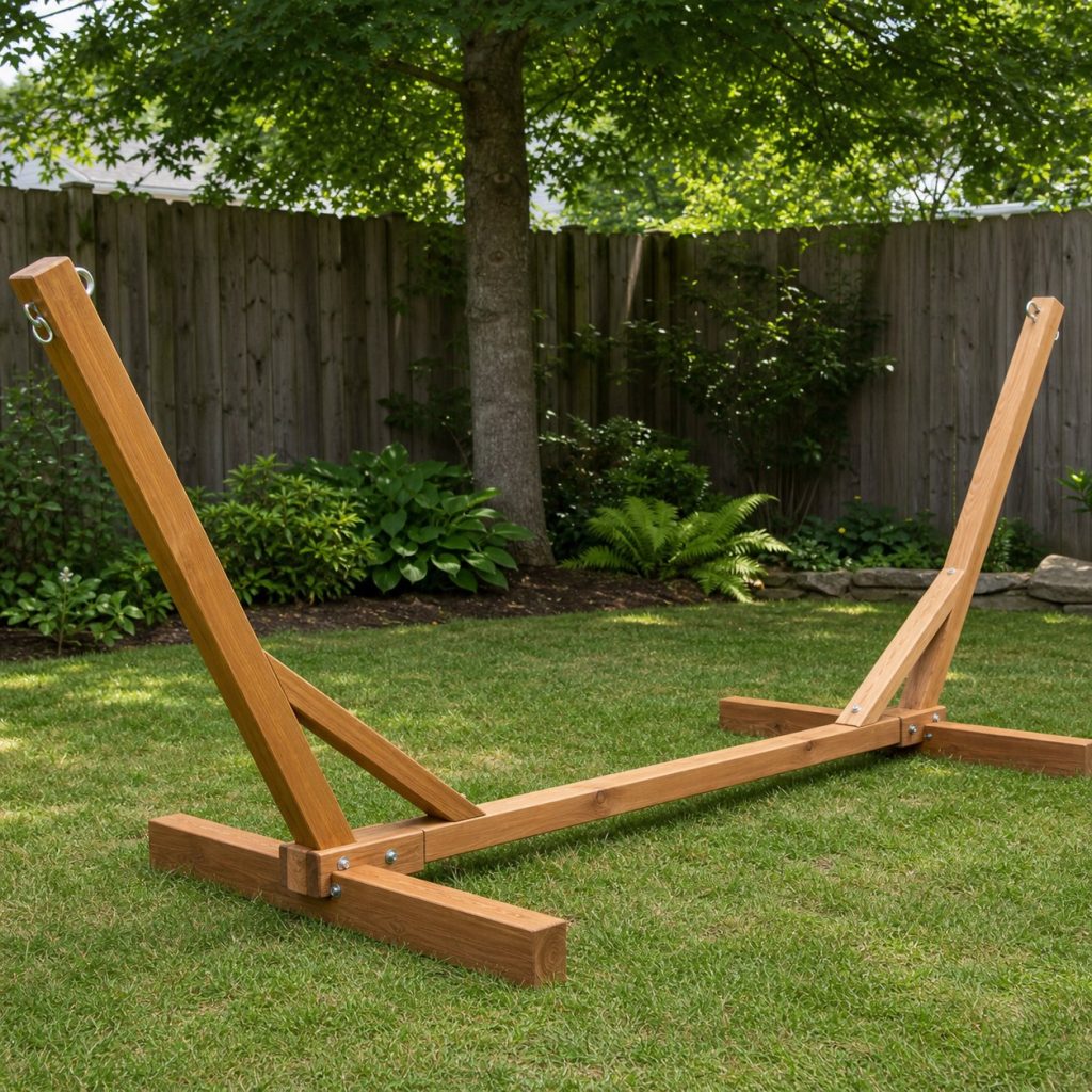 Wooden hammock stand with long base beam angled end posts and diagonal braces