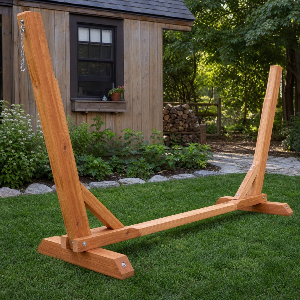 Wooden hammock stand with broad trestle feet end uprights and cross braces