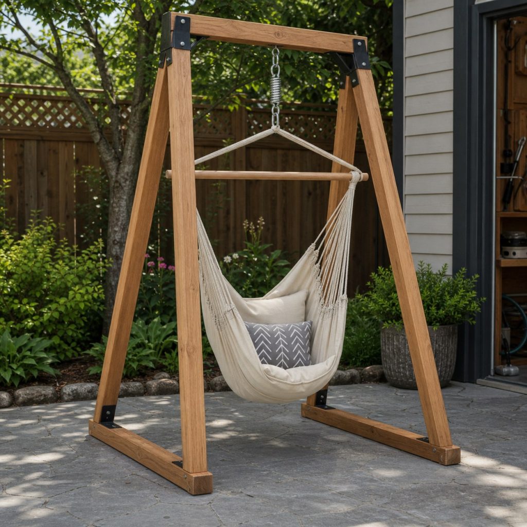 Compact wooden A-frame stand holding one suspended hammock chair over patio