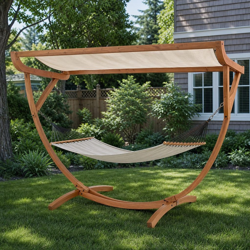 Wooden hammock stand with light fabric shade canopy on separate upper frame