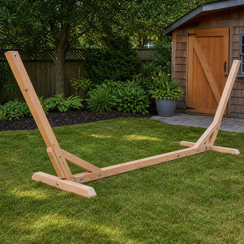 Hammock stand under assembly with long base beam trestle feet angled posts and braces