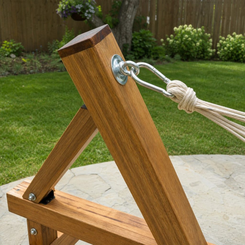 Close view of hammock stand through-bolted eye hardware carabiner and end brace