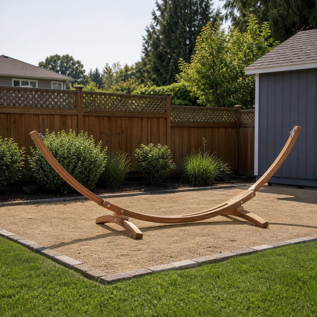 Empty wooden hammock stand on level drained pad with clear space around hammock