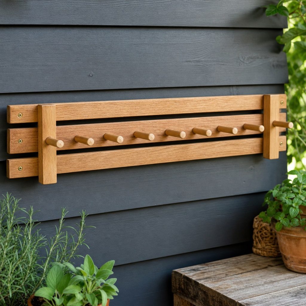 Wooden wall-mounted herb drying rail with several empty smooth pegs and no cords