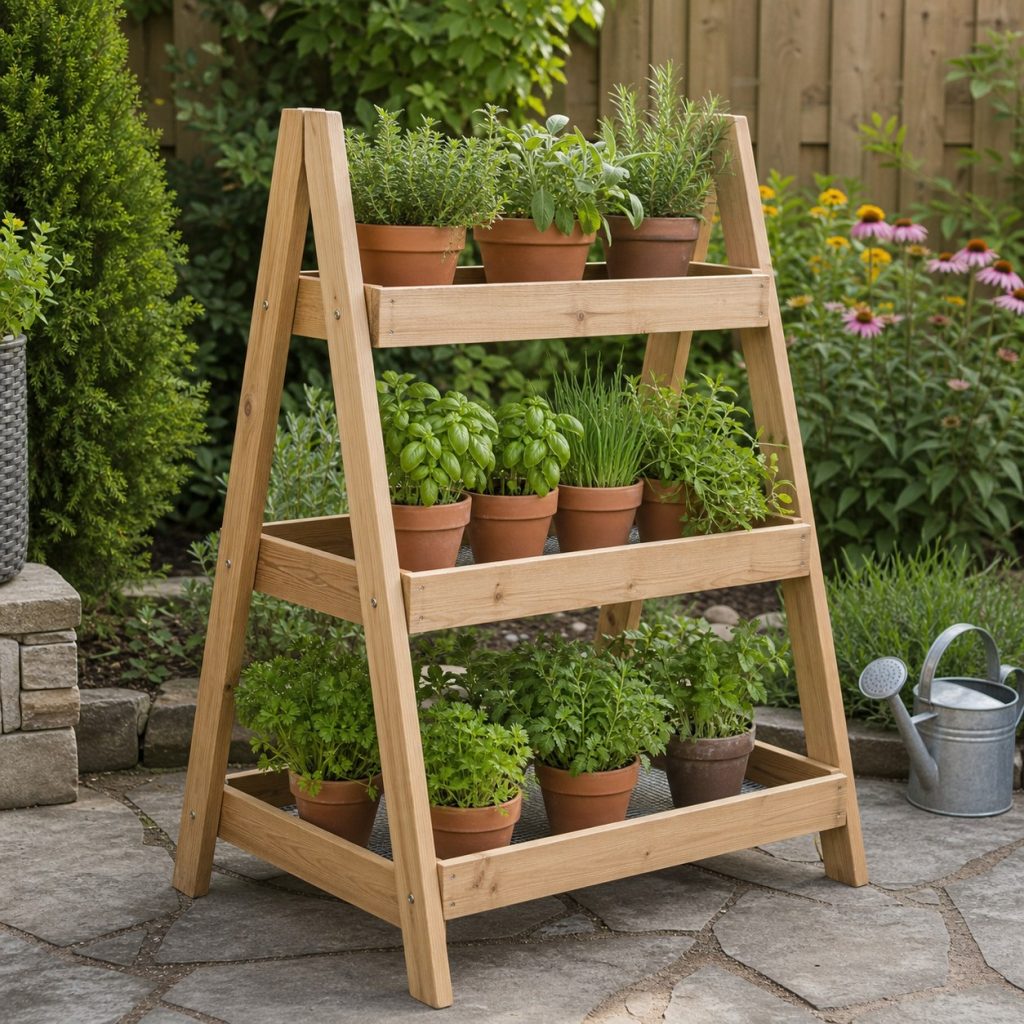 Freestanding wooden A-frame herb rack with removable screen shelves