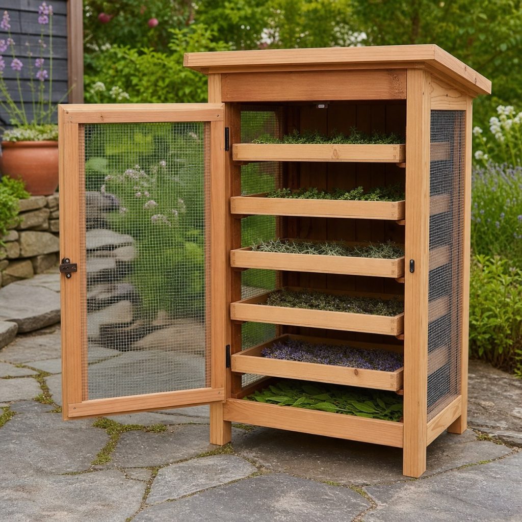 Wooden herb drying cabinet with screened sides and open door revealing shallow trays