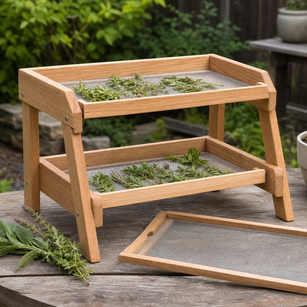 Small wooden two-tier herb drying stand with removable food-safe mesh trays