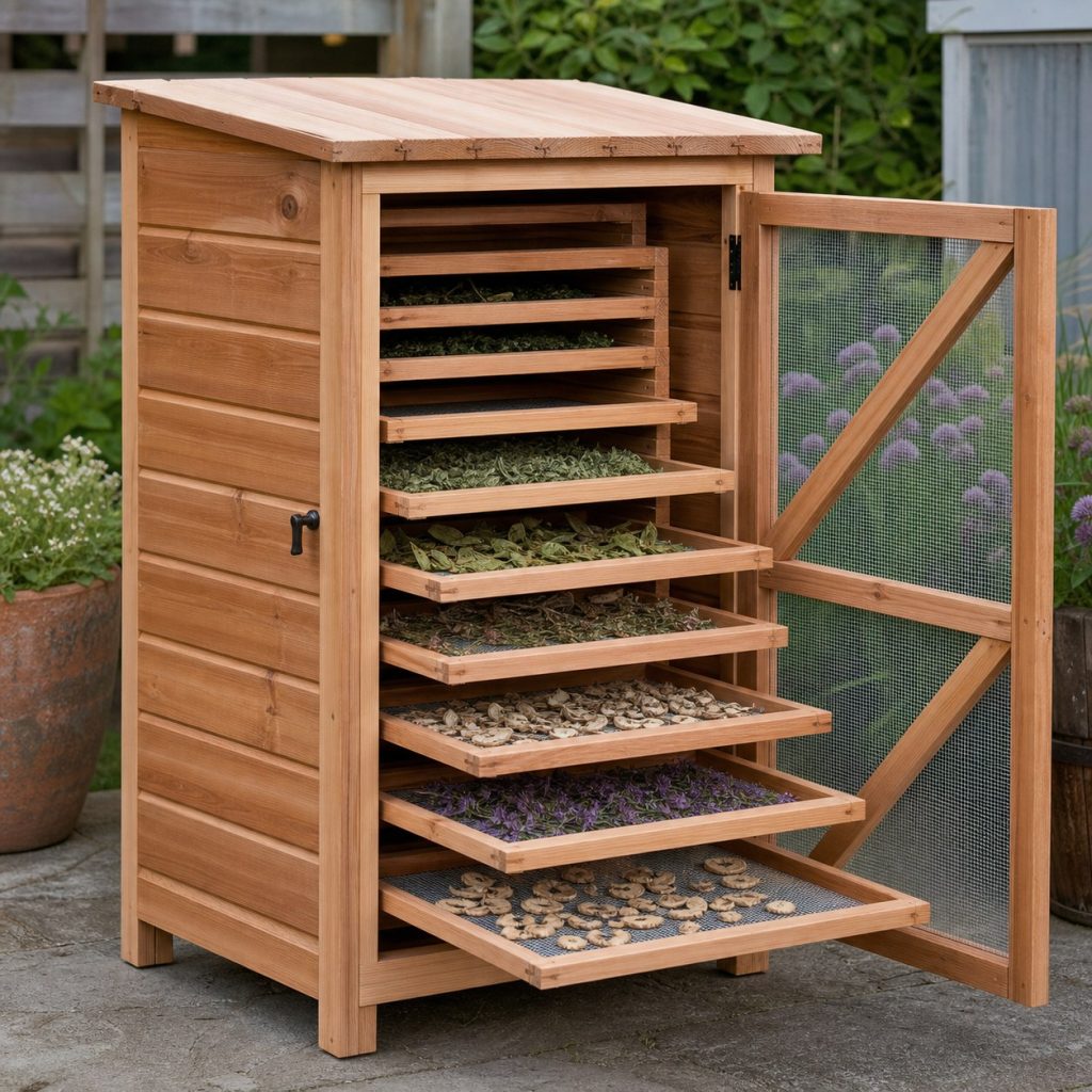 Wooden drying rack with shallow ventilated trays sliding partly open