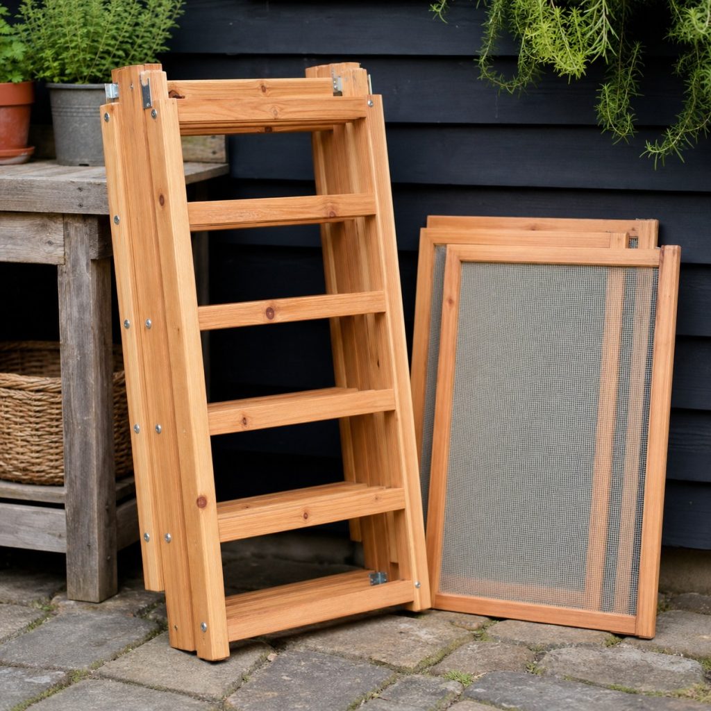 Wooden herb drying frame folded beside separate clean screen panels for storage