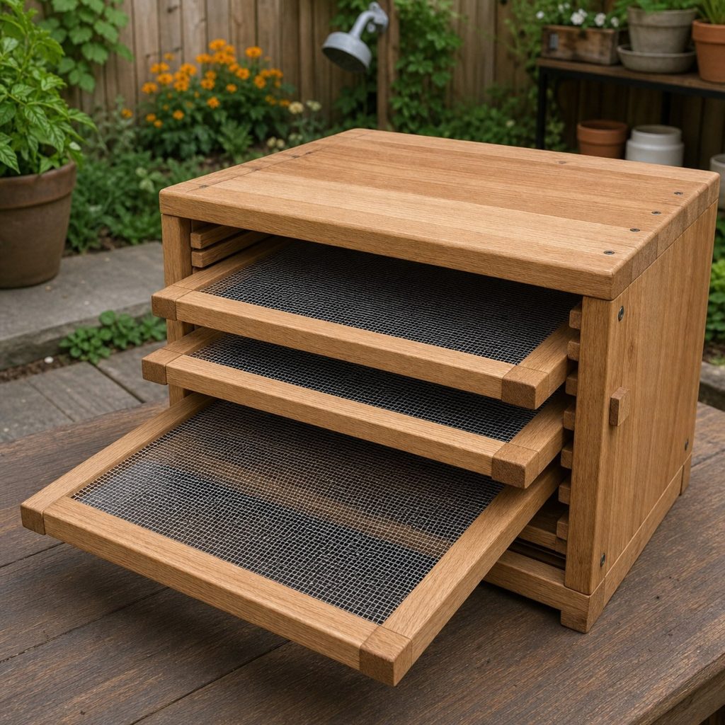Close view of wooden drying tray corner joints, removable food-safe mesh, smooth rails, and clean sealed surfaces