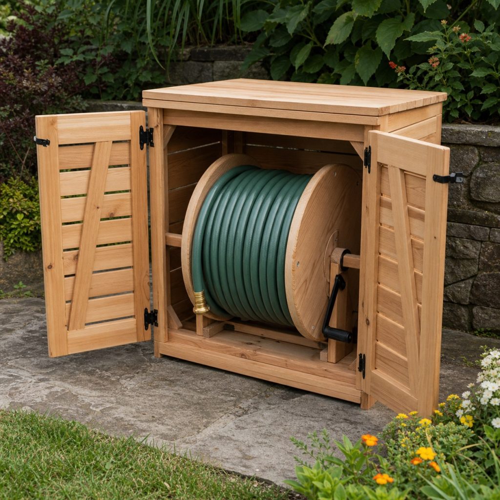 Wooden garden hose reel cabinet with double front doors open to the reel
