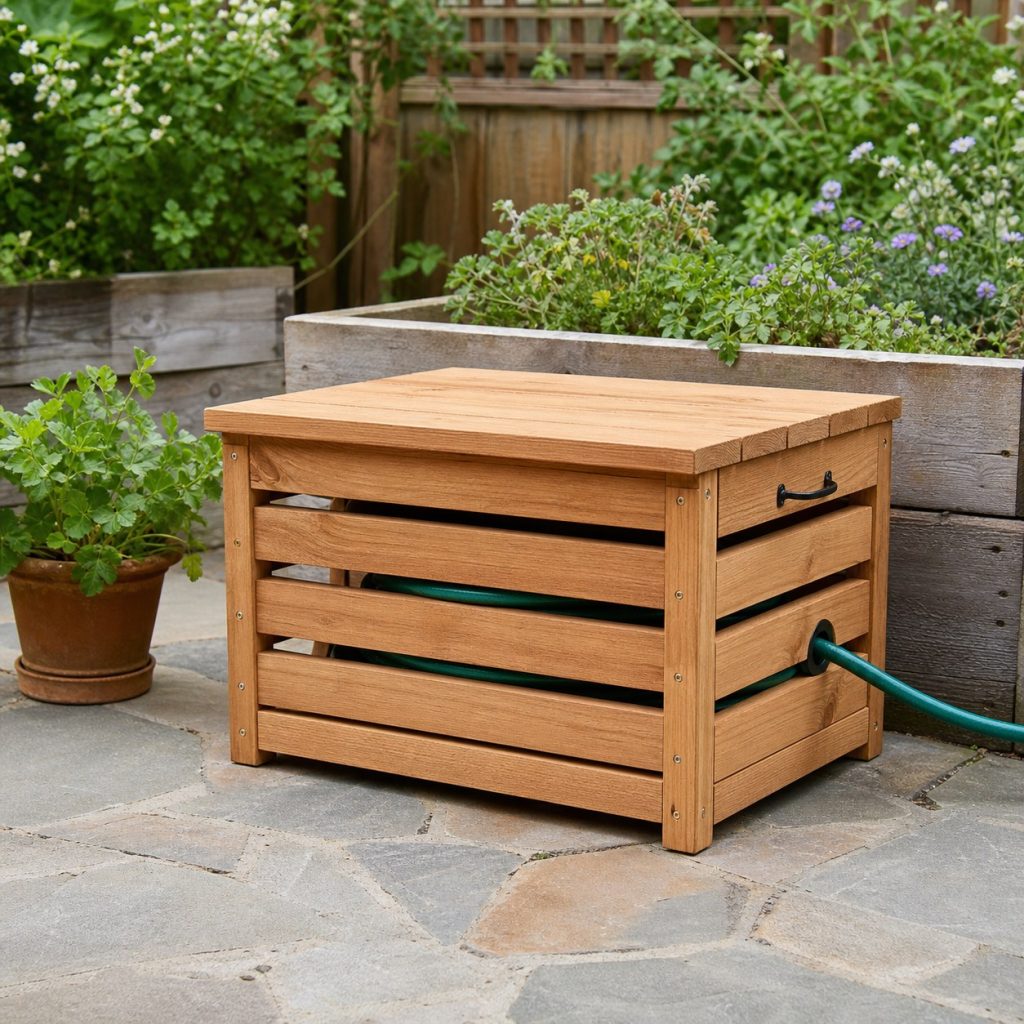 Low wooden hose reel box with a durable flat top beside raised beds