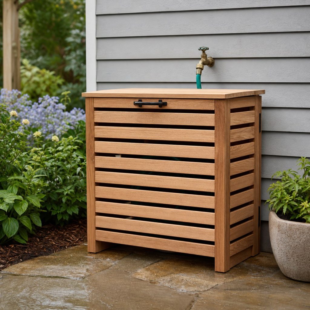 Ventilated wooden hose reel enclosure aligned beneath an exterior faucet