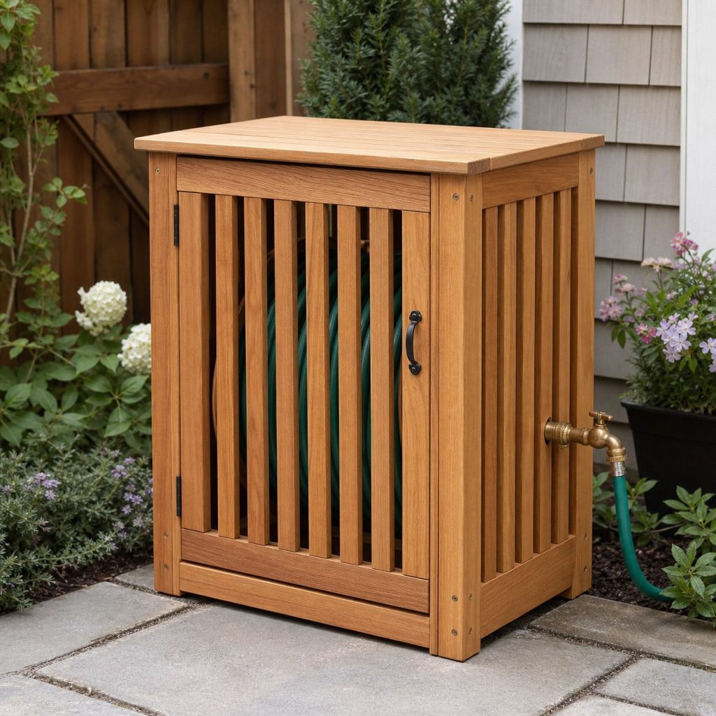 Narrow vertical-slat wooden hose reel box in a paved side yard