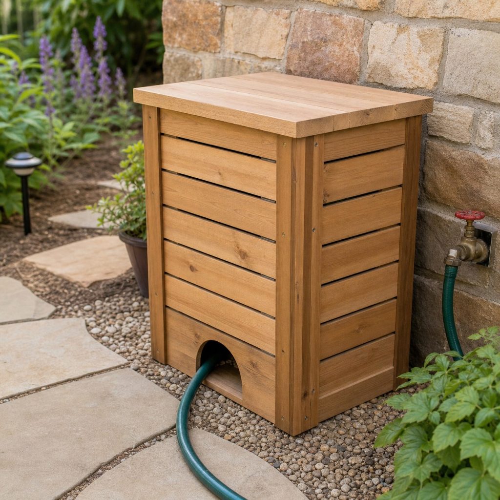 Wooden reel box with a broad rounded hose outlet near ground level
