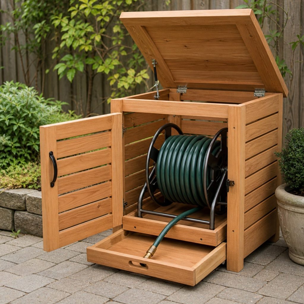 Wooden hose box with reel mounted on a removable reinforced inner tray