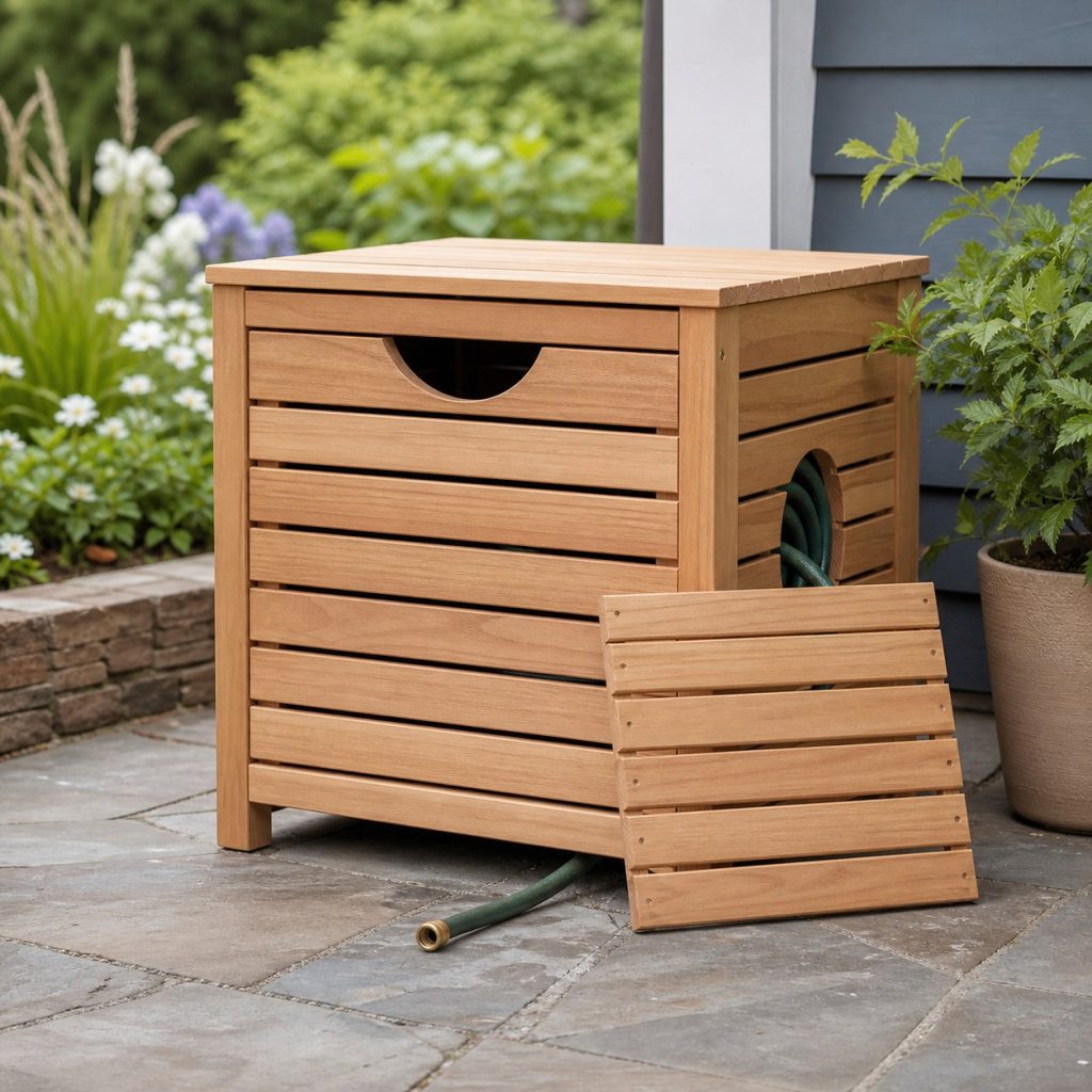 Close view of slatted hose reel box floor, raised feet, removable panel, and rounded hose opening