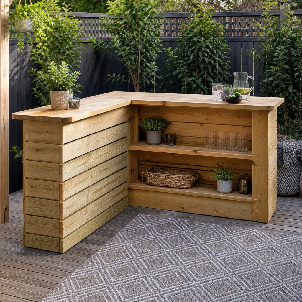 L-shaped wooden backyard bar with open serving counter and lower shelves