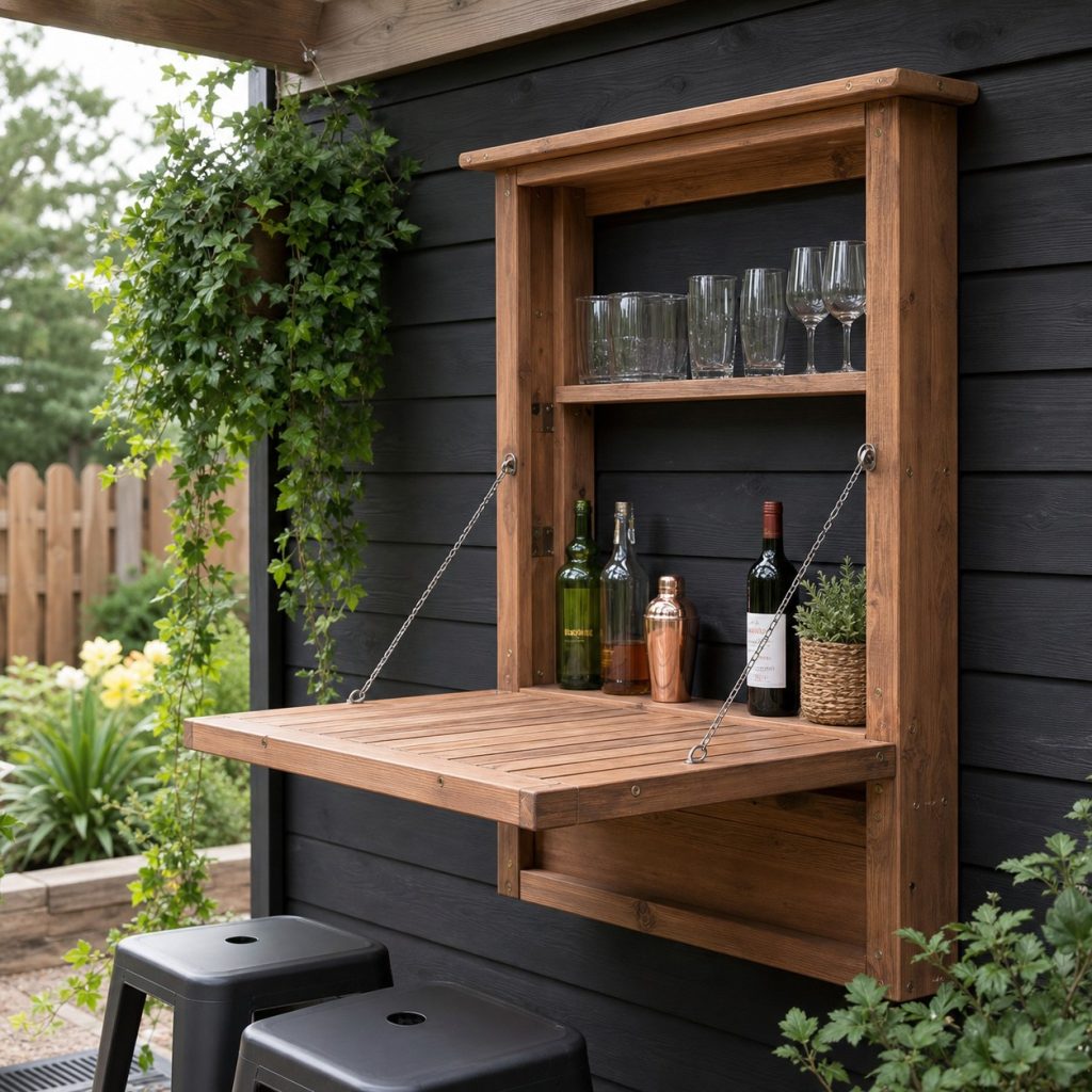 Wall-mounted wooden fold-down garden bar opened beneath a covered patio wall