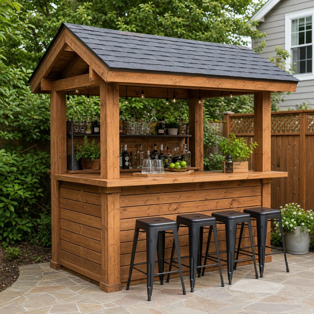 Tasteful wooden outdoor bar with simple shingled canopy and no logos