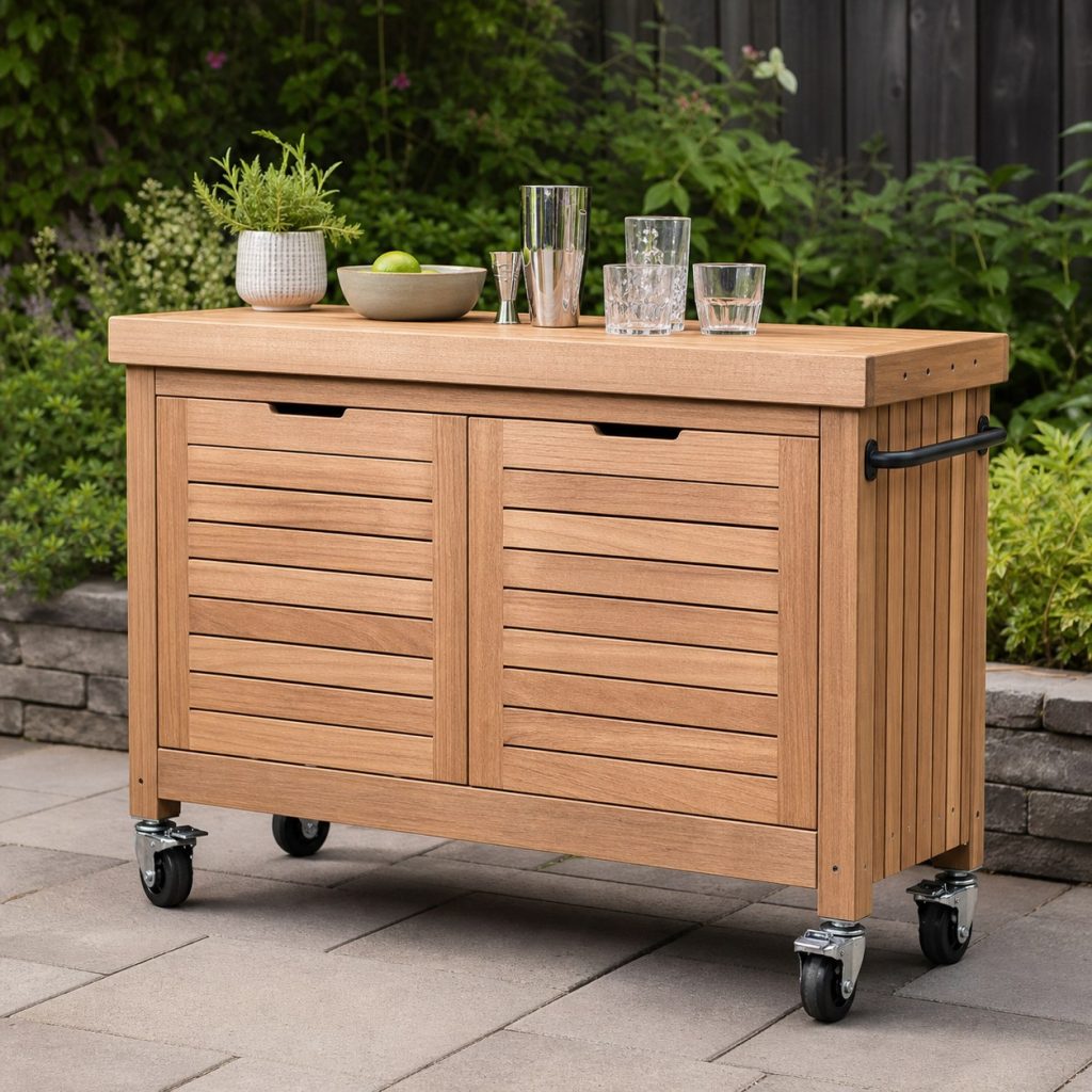 Wooden outdoor bar cabinet on four heavy locking casters on level paving