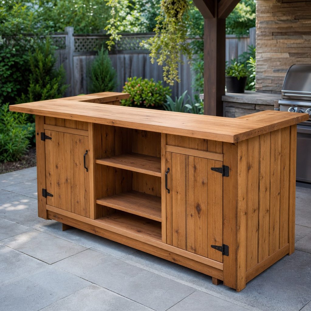 Wooden outdoor bar with closed cabinets, open shelves, and empty counter