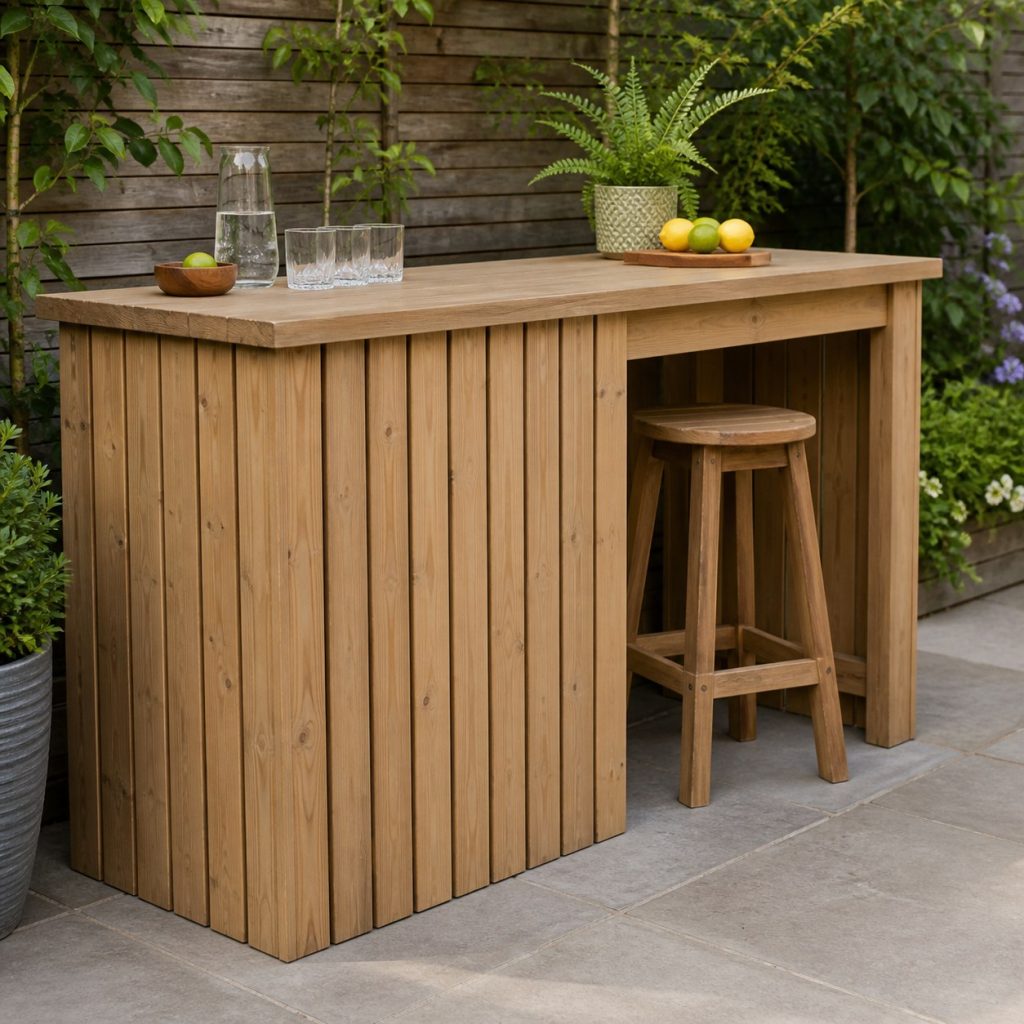 Wooden garden bar with one open knee-space section beside a firm patio route