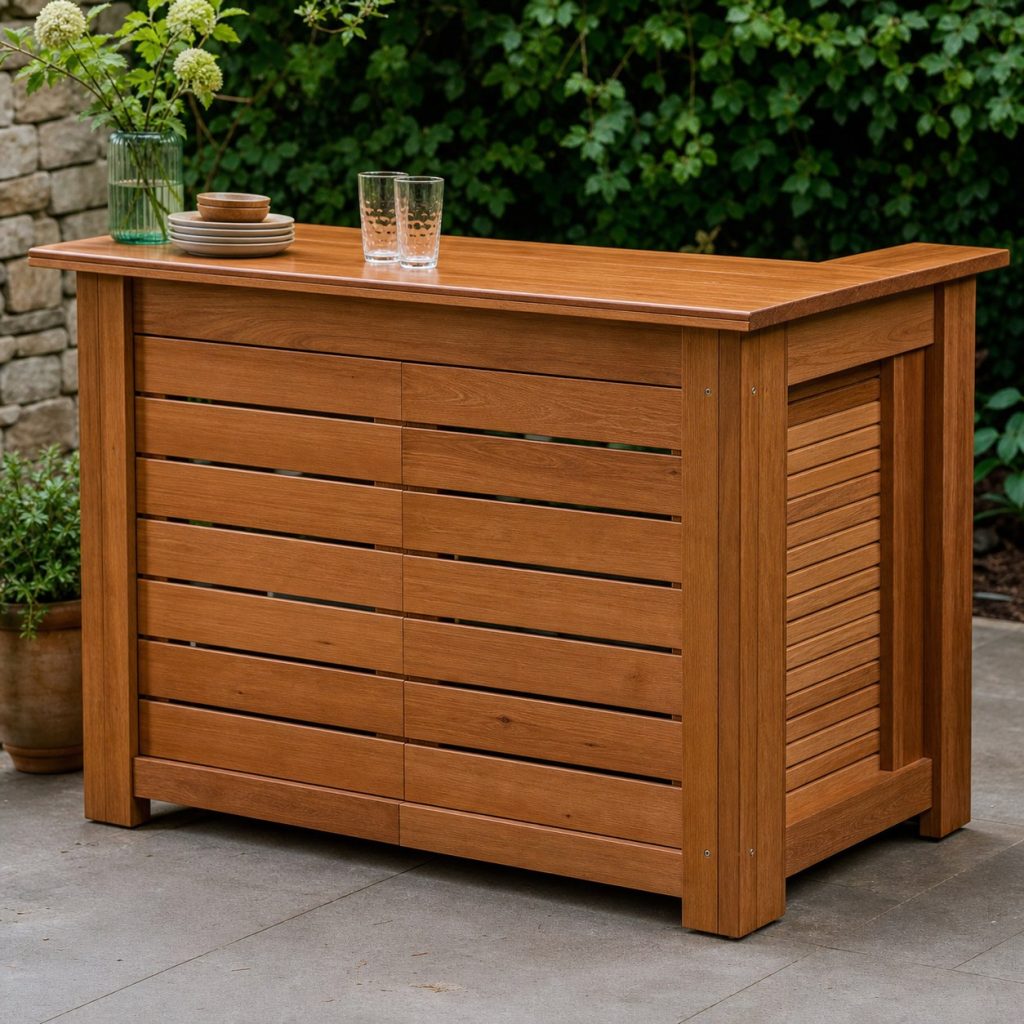 Close view of outdoor bar frame joinery, ventilated cabinet back, drip edge, and sealed wood