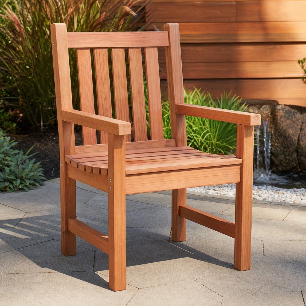 Straight-back cedar patio chair with side stretchers and vertical slats