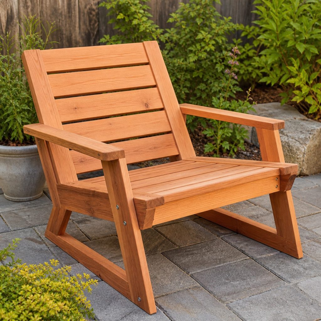 Low modern cedar lounge chair with angular continuous side frames